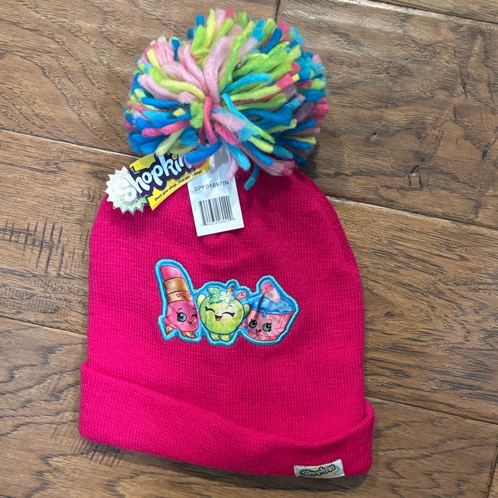Shopkins Vibrant Pink Beanie with Multicolor Pom-Pom